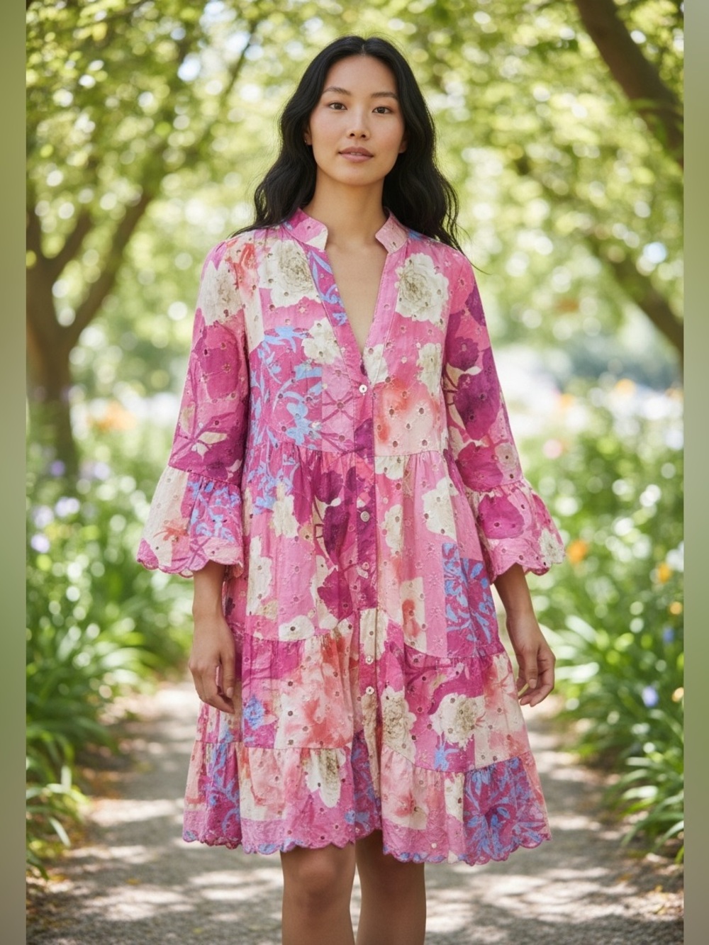NWT Italian Pink Floral Eyelet Tunic/ Dress 3/4 Sleeve -One Size